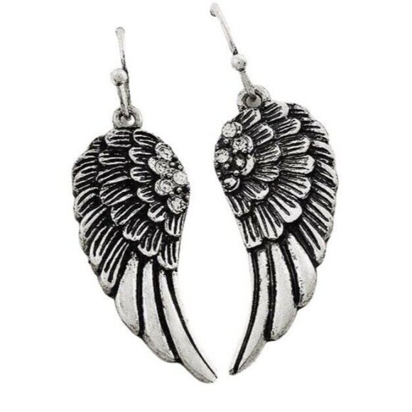 Silver Textured Coquette Rhinestone Angel Wing Bling Faith Dangle BOHO Earrings - Picture 1 of 1